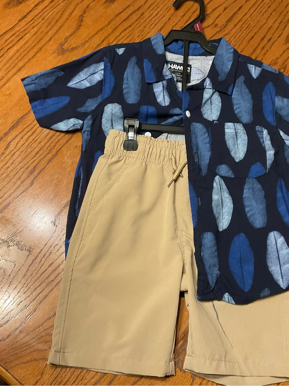 Tony Hawk Navy Blue Leaf-Print Shirt with Tan Shorts